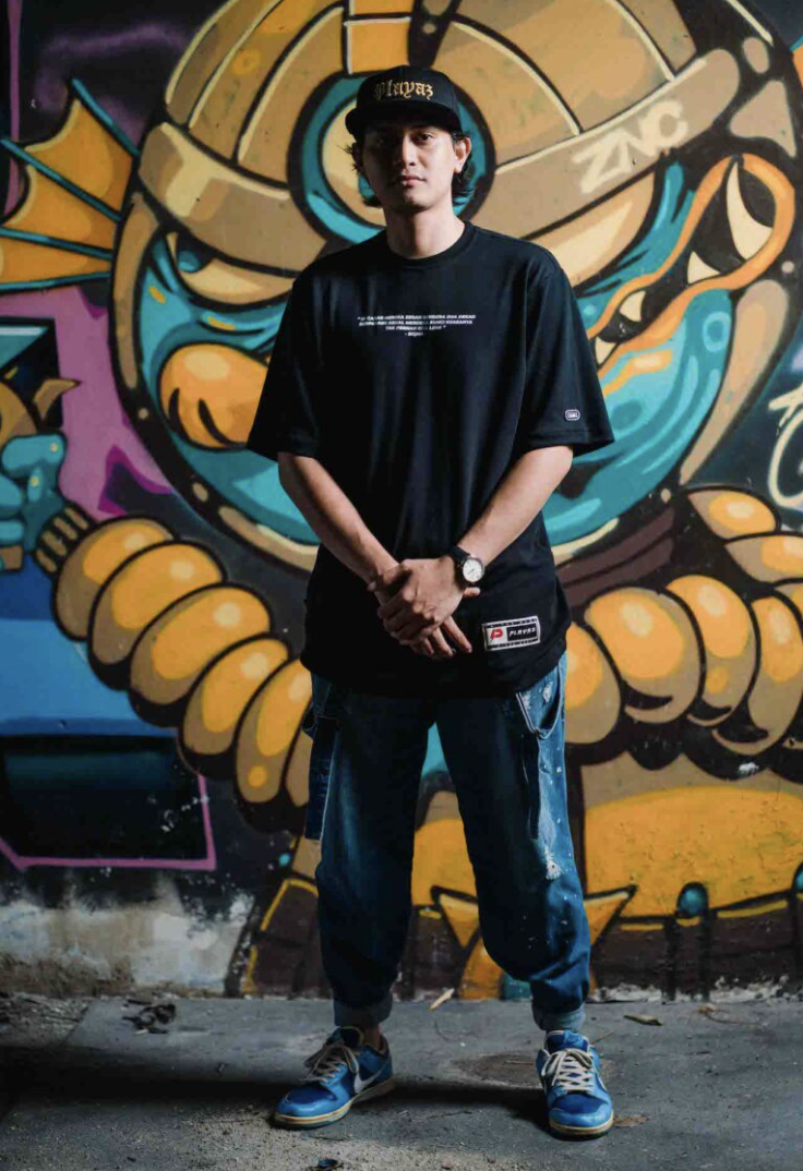 Model in black Playaz tee in front of a mural